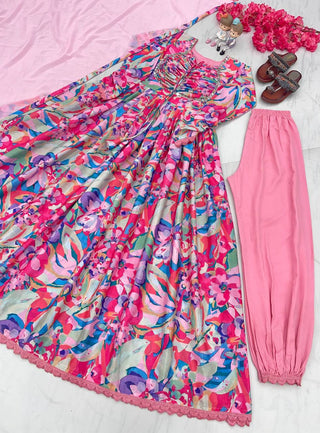 Pink Elegant Padded Naira Cut Chinon Silk Printed Dress with Dupatta – Perfect for Festive and Party Wear Clothsvilla