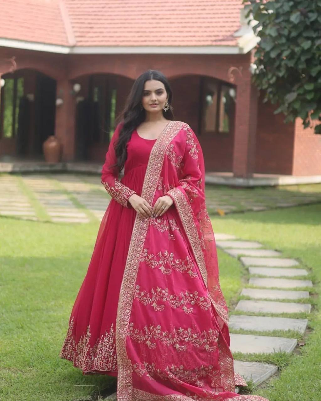 Pink Elegant Party Wear Gown Set with Dupatta & Bottom - Heavy Faux Georgette Embroidered Ensemble Clothsvilla Main image