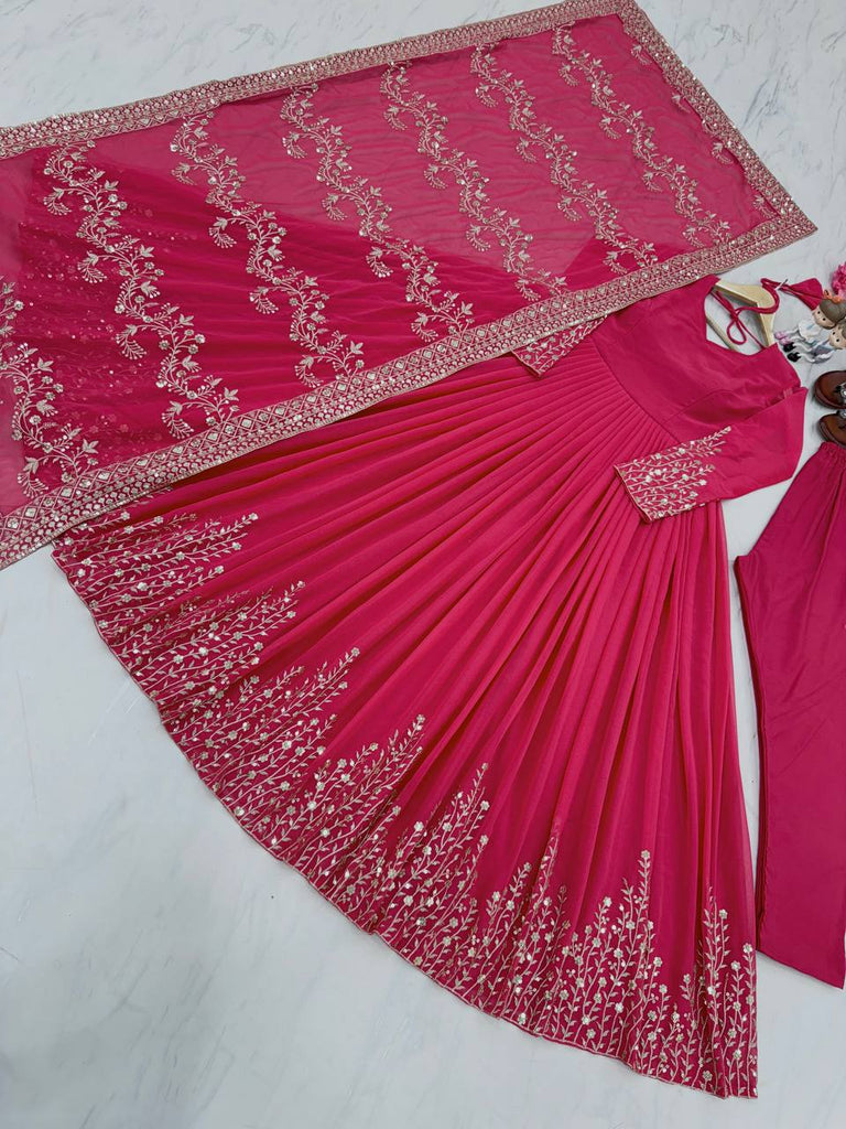 Pink Elegant Party Wear Gown Set with Dupatta & Bottom - Heavy Faux Georgette Embroidered Ensemble Clothsvilla