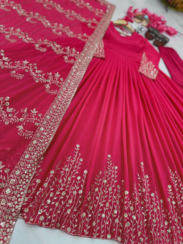 Pink Elegant Party Wear Gown Set with Dupatta & Bottom - Heavy Faux Georgette Embroidered Ensemble Clothsvilla