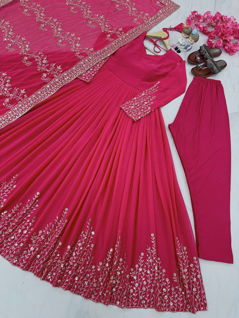 Pink Elegant Party Wear Gown Set with Dupatta & Bottom - Heavy Faux Georgette Embroidered Ensemble Clothsvilla