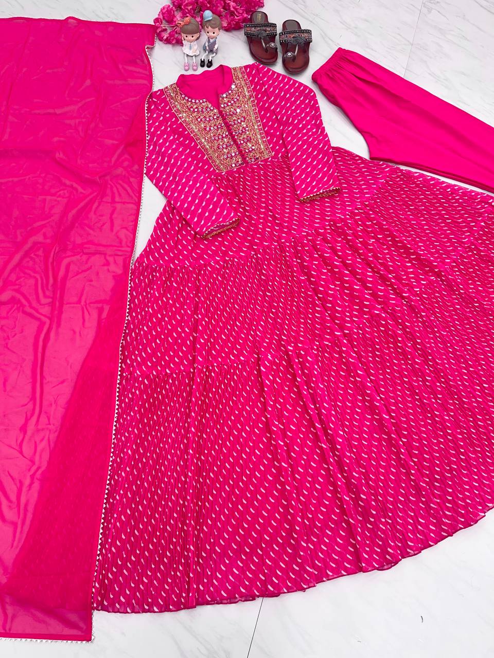 Pink Elegant Party Wear Gown Set with Three-Layered Ruffles, Dupatta & Bottom ClothsVilla Main image