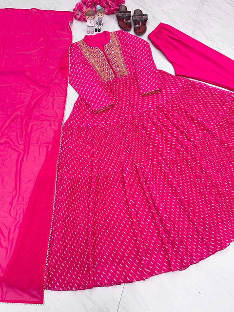 Pink Elegant Party Wear Gown Set with Three-Layered Ruffles, Dupatta & Bottom ClothsVilla Main image