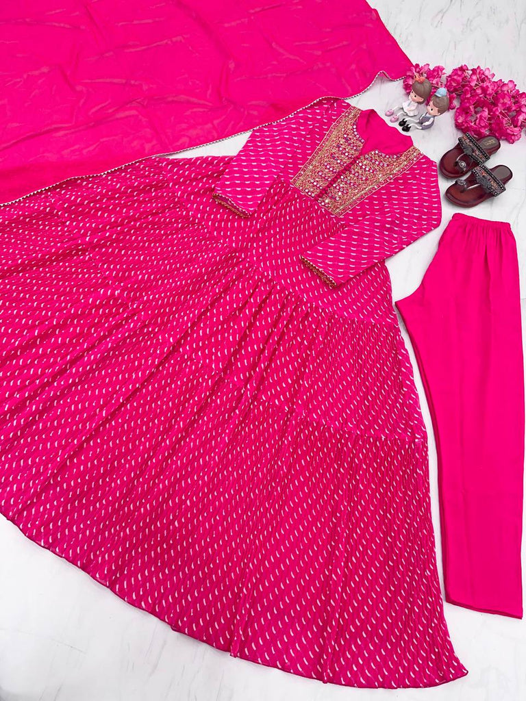 Pink Elegant Party Wear Gown Set with Three-Layered Ruffles, Dupatta & Bottom ClothsVilla