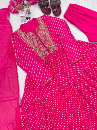 Pink Elegant Party Wear Gown Set with Three-Layered Ruffles, Dupatta & Bottom ClothsVilla