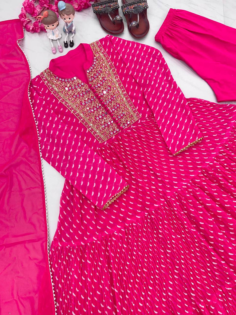 Pink Elegant Party Wear Gown Set with Three-Layered Ruffles, Dupatta & Bottom ClothsVilla