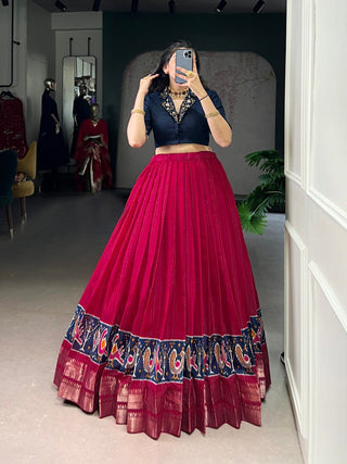 Pink Elegant Poly Cotton Printed Zari Weaving Lehenga with Handworked Pure Cotton Blouse – Stitched Traditional Ensemble ClothsVilla