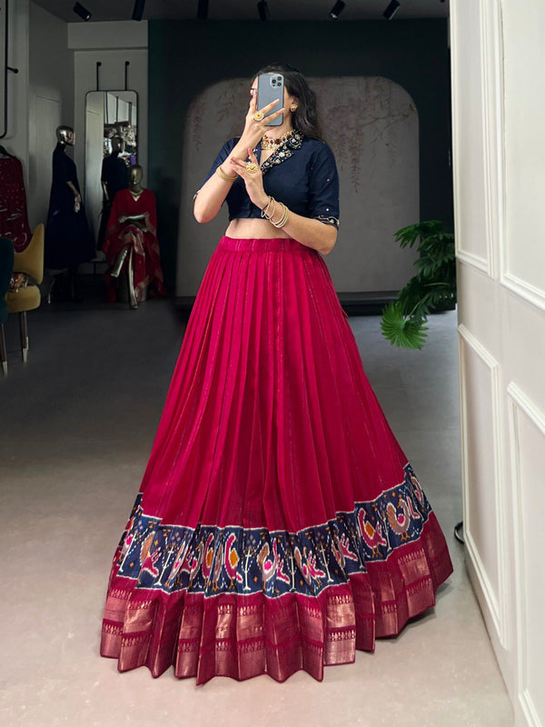 Pink Elegant Poly Cotton Printed Zari Weaving Lehenga with Handworked Pure Cotton Blouse – Stitched Traditional Ensemble ClothsVilla