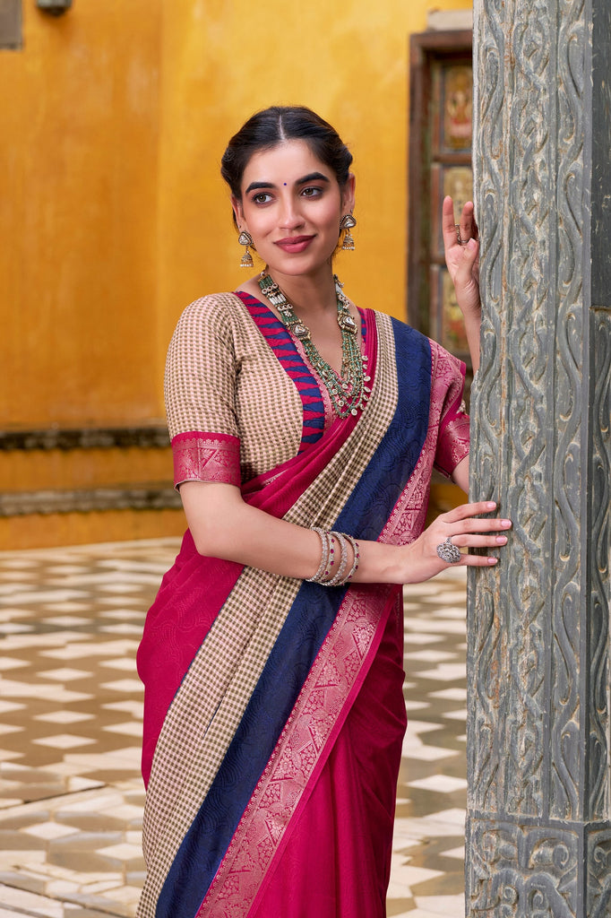 Pink Elegant Poly Cotton Saree with Printed & Zari Weaving Work ClothsVilla