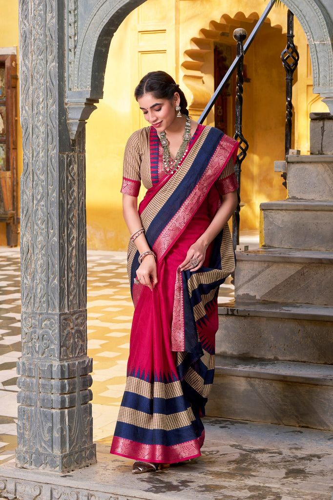 Pink Elegant Poly Cotton Saree with Printed & Zari Weaving Work ClothsVilla
