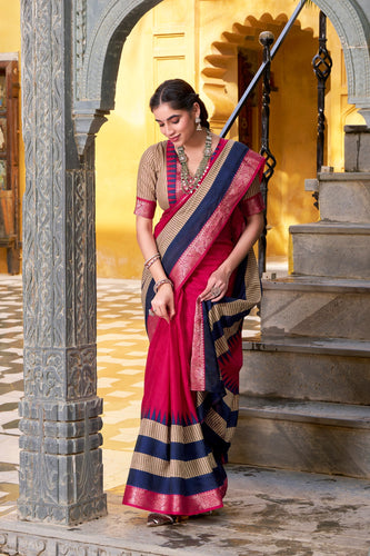 Pink Elegant Poly Cotton Saree with Printed & Zari Weaving Work ClothsVilla
