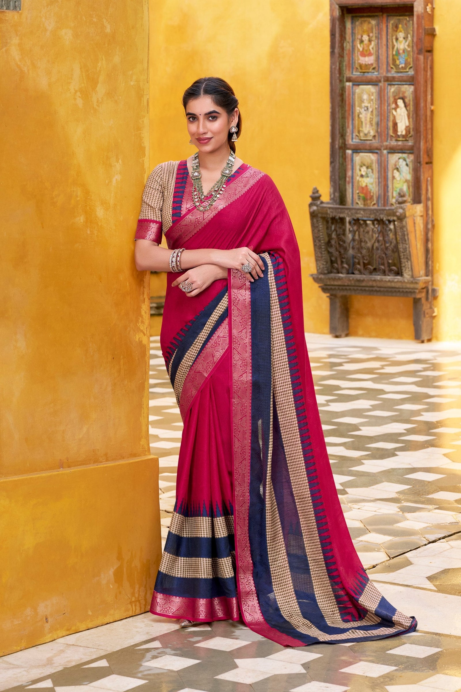Pink Elegant Poly Cotton Saree with Printed & Zari Weaving Work ClothsVilla