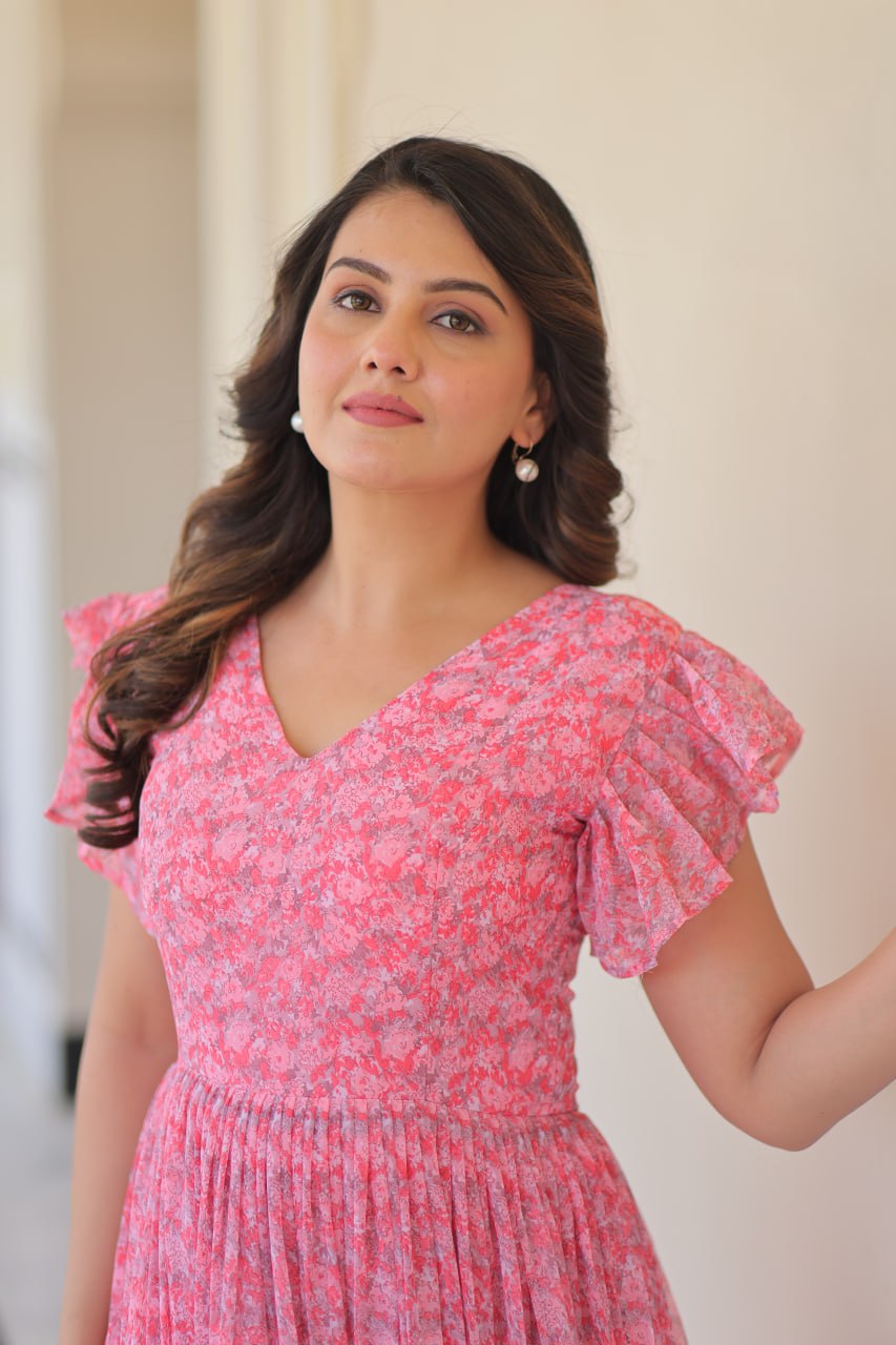 Pink Elegant Printed Faux Georgette Gown with Bell Sleeves & V-Neck Clothsvilla