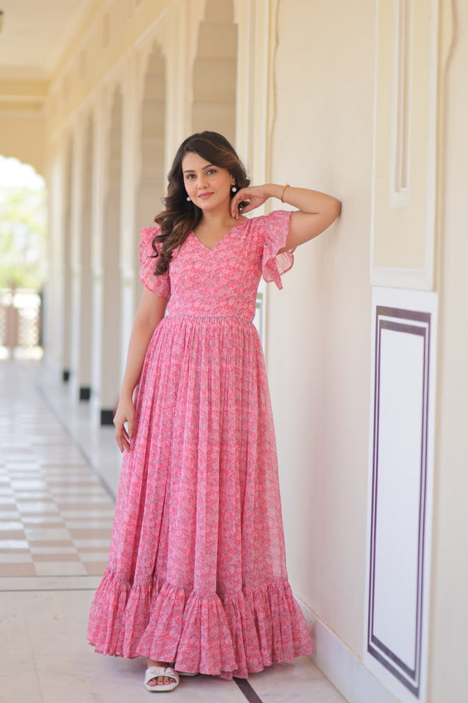 Pink Elegant Printed Faux Georgette Gown with Bell Sleeves & V-Neck Clothsvilla