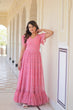 Load image into Gallery viewer, Pink Elegant Printed Faux Georgette Gown with Bell Sleeves &amp; V-Neck Clothsvilla
