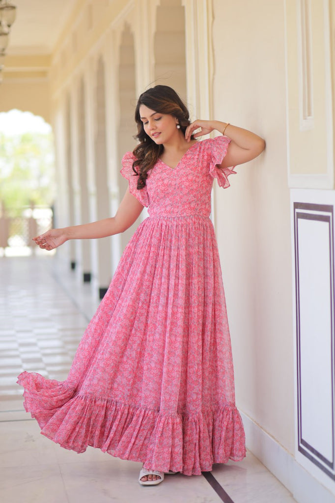 Pink Elegant Printed Faux Georgette Gown with Bell Sleeves & V-Neck Clothsvilla