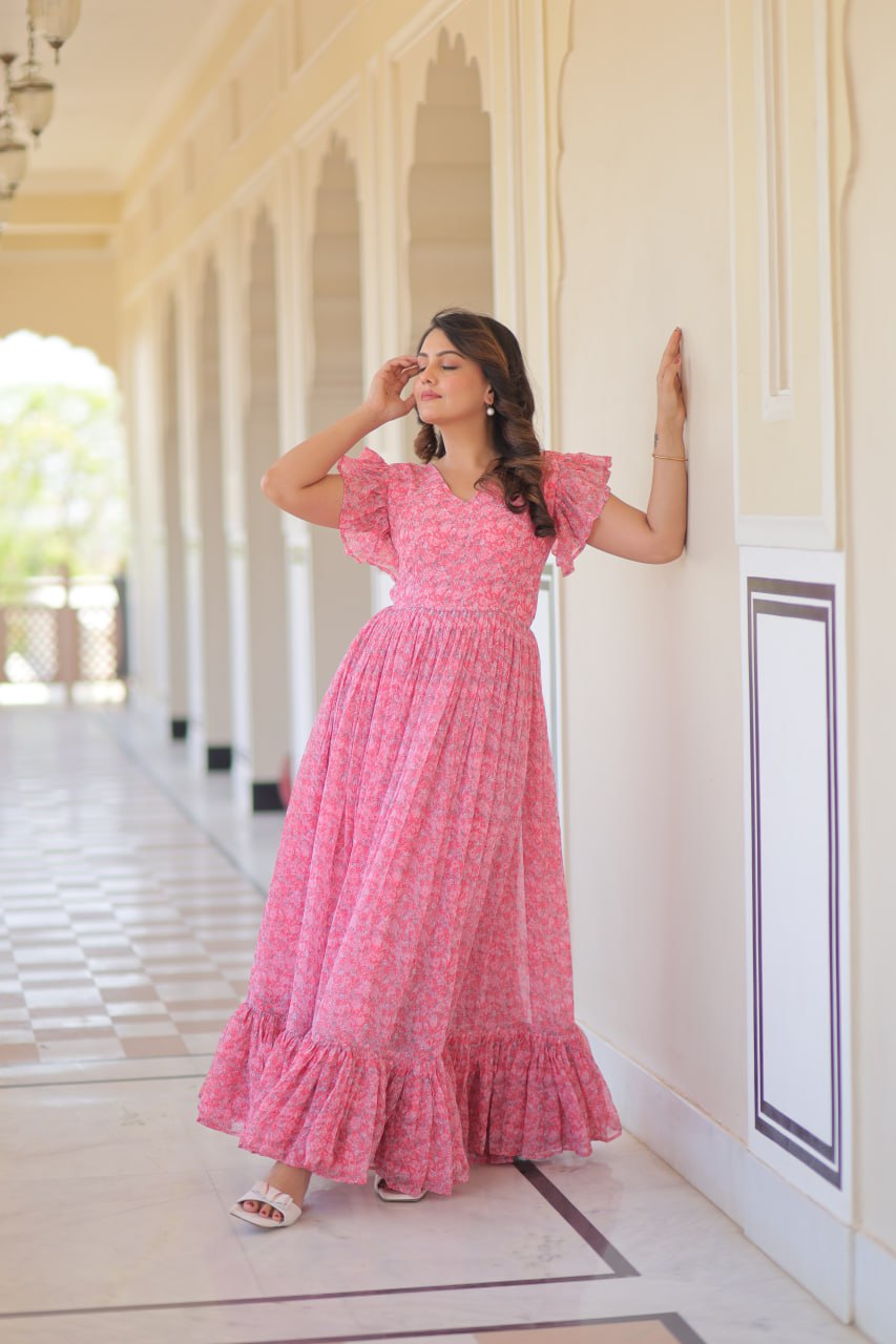 Pink Elegant Printed Faux Georgette Gown with Bell Sleeves & V-Neck Clothsvilla