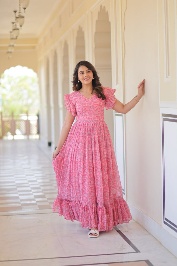 Pink Elegant Printed Faux Georgette Gown with Bell Sleeves & V-Neck Clothsvilla
