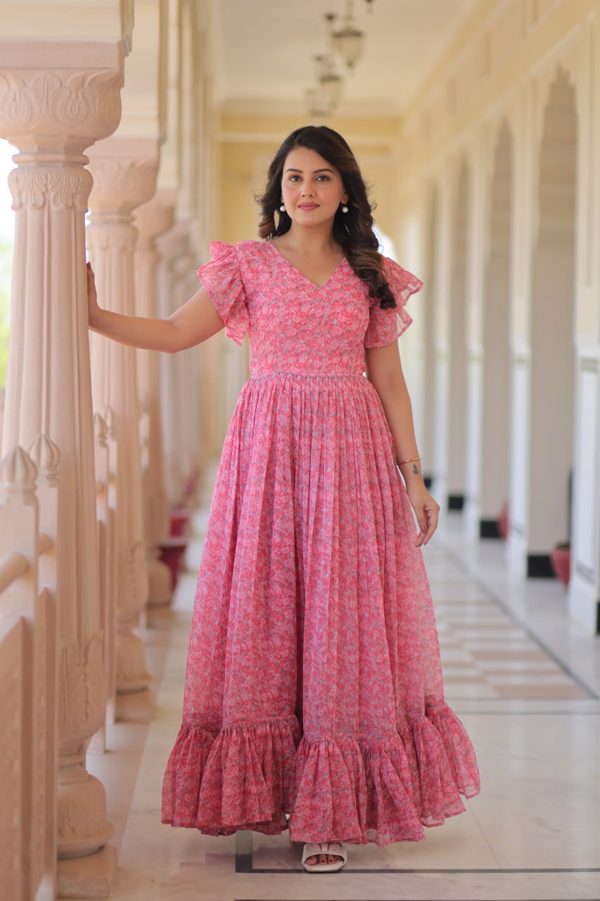 Pink Elegant Printed Faux Georgette Gown with Bell Sleeves & V-Neck Clothsvilla