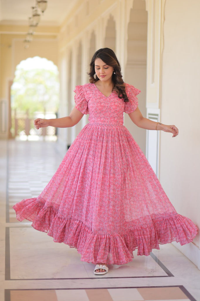 Pink Elegant Printed Faux Georgette Gown with Bell Sleeves & V-Neck Clothsvilla