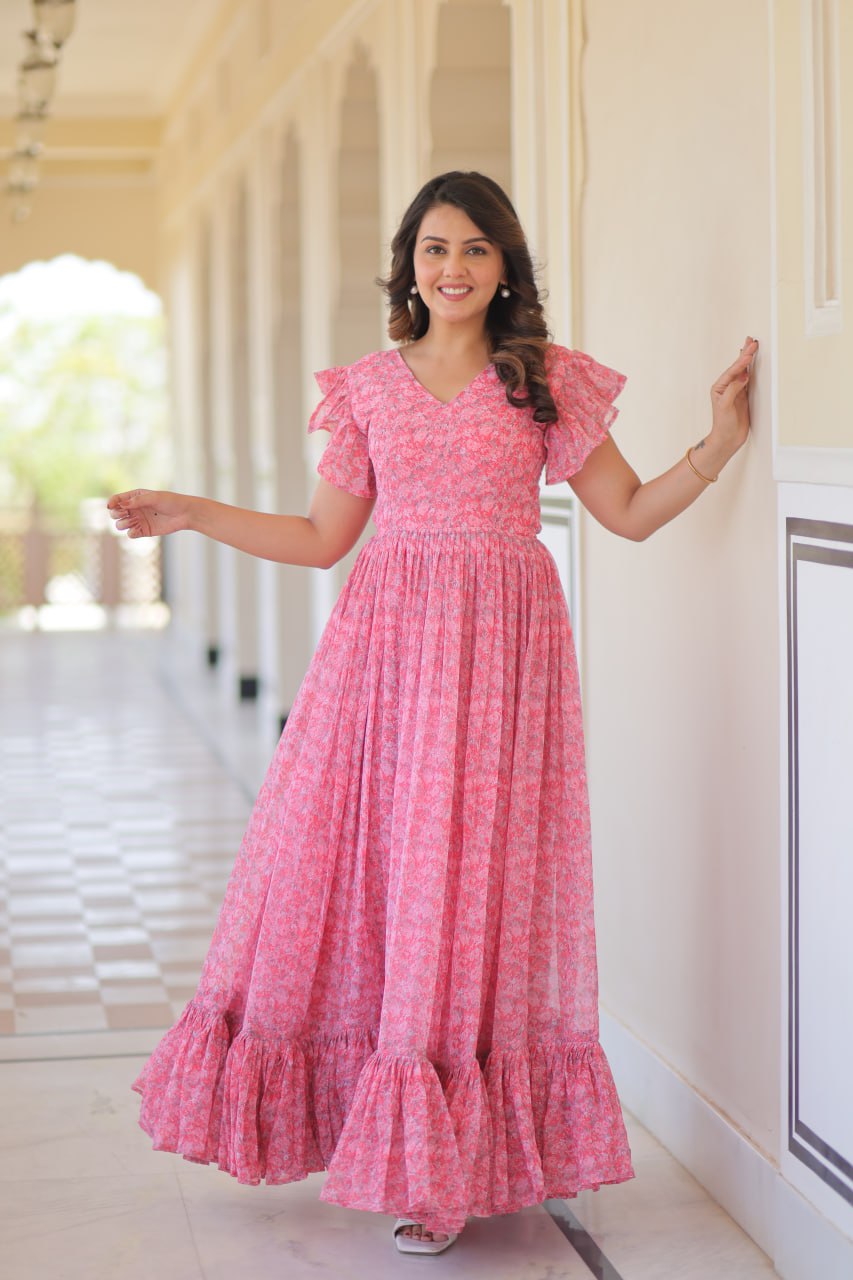 Pink Elegant Printed Faux Georgette Gown with Bell Sleeves & V-Neck Clothsvilla