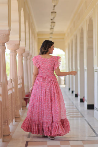 Pink Elegant Printed Faux Georgette Gown with Bell Sleeves & V-Neck Clothsvilla