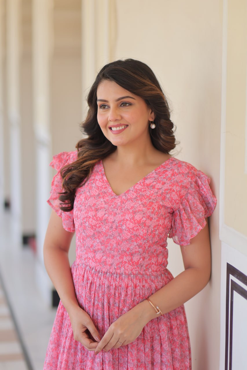 Pink Elegant Printed Faux Georgette Gown with Bell Sleeves & V-Neck Clothsvilla