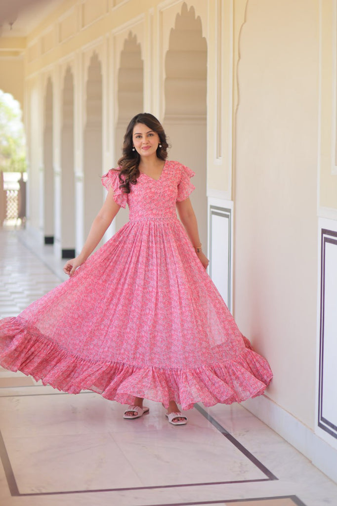 Pink Elegant Printed Faux Georgette Gown with Bell Sleeves & V-Neck Clothsvilla