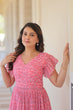 Load image into Gallery viewer, Pink Elegant Printed Faux Georgette Gown with Bell Sleeves &amp; V-Neck Clothsvilla