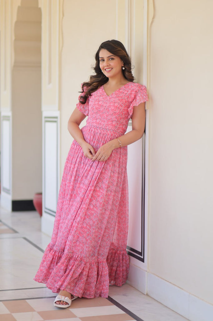 Pink Elegant Printed Faux Georgette Gown with Bell Sleeves & V-Neck Clothsvilla