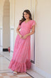 Load image into Gallery viewer, Pink Elegant Printed Faux Georgette Gown with Bell Sleeves &amp; V-Neck Clothsvilla