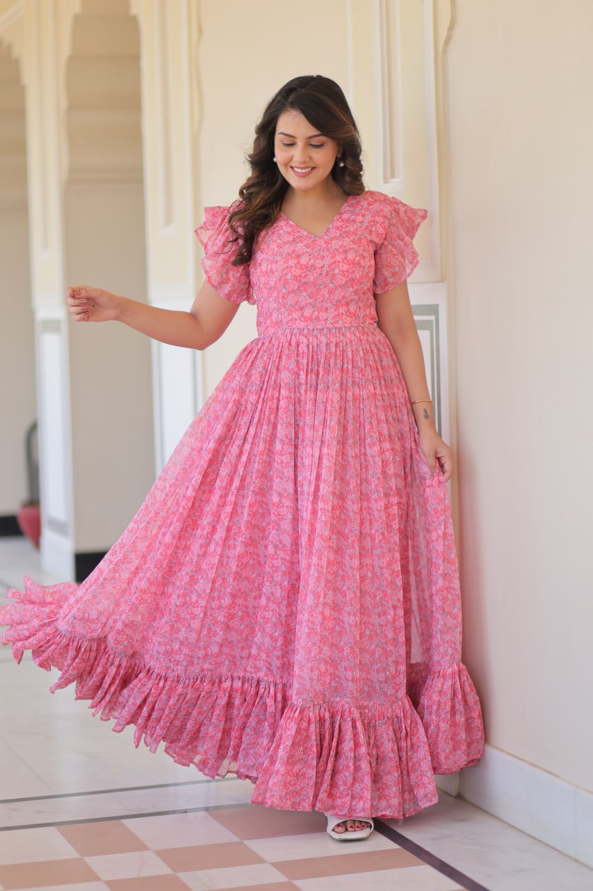 Pink Elegant Printed Faux Georgette Gown with Bell Sleeves & V-Neck Clothsvilla