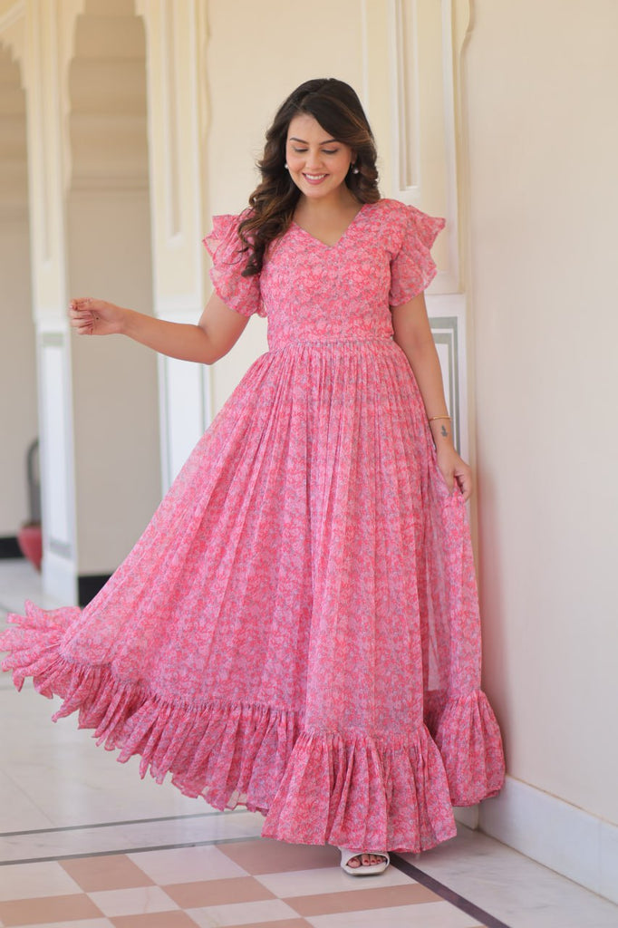 Pink Elegant Printed Faux Georgette Gown with Bell Sleeves & V-Neck Clothsvilla