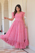 Load image into Gallery viewer, Pink Elegant Printed Faux Georgette Gown with Bell Sleeves &amp; V-Neck Clothsvilla