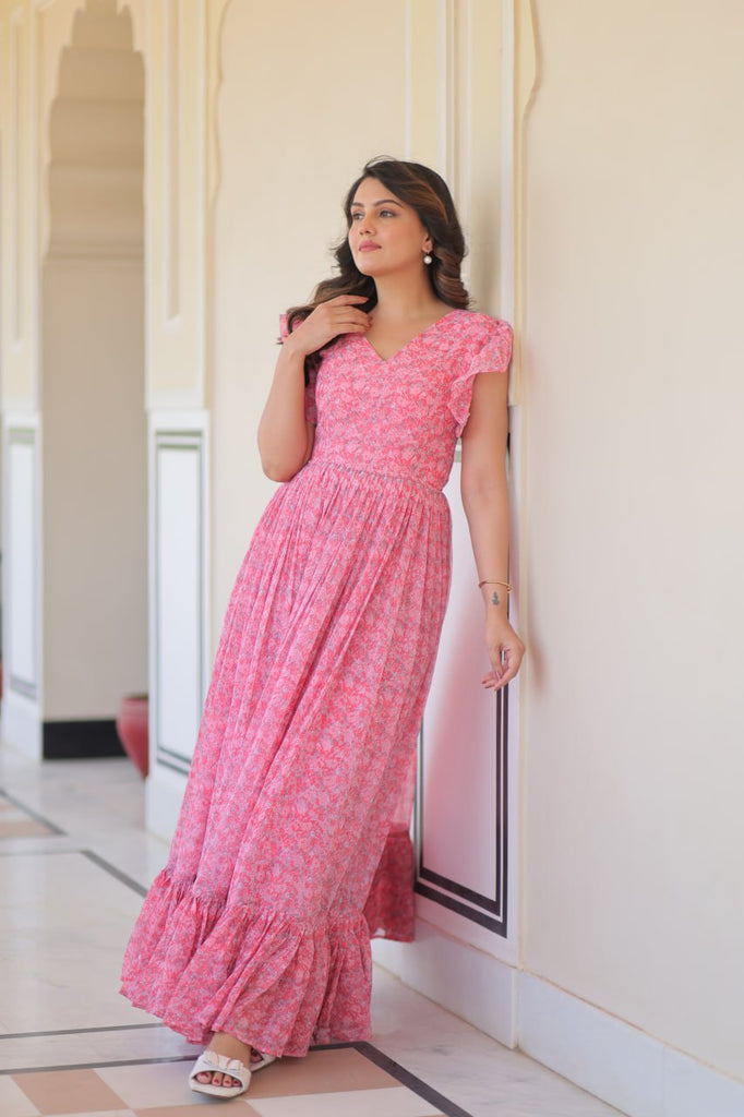 Pink Elegant Printed Faux Georgette Gown with Bell Sleeves & V-Neck Clothsvilla