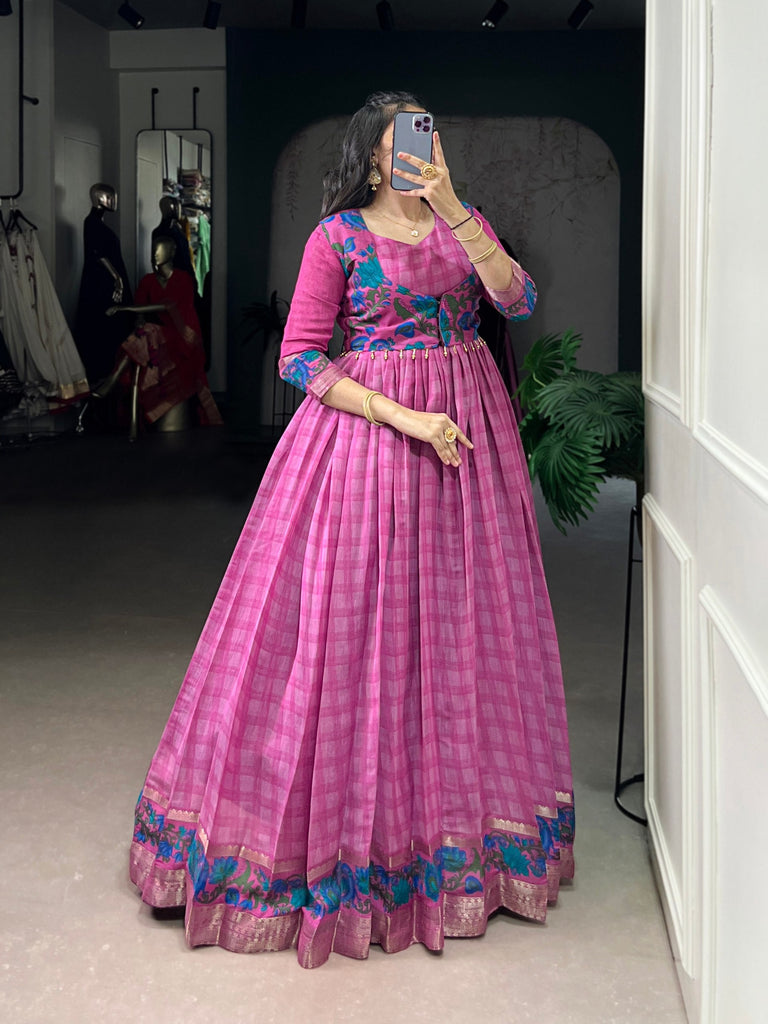 Pink Elegant Printed Polyester Viscose Chanderi Gown with Zari Weaving and Lace-Touched Koti – Stitched Set ClothsVilla
