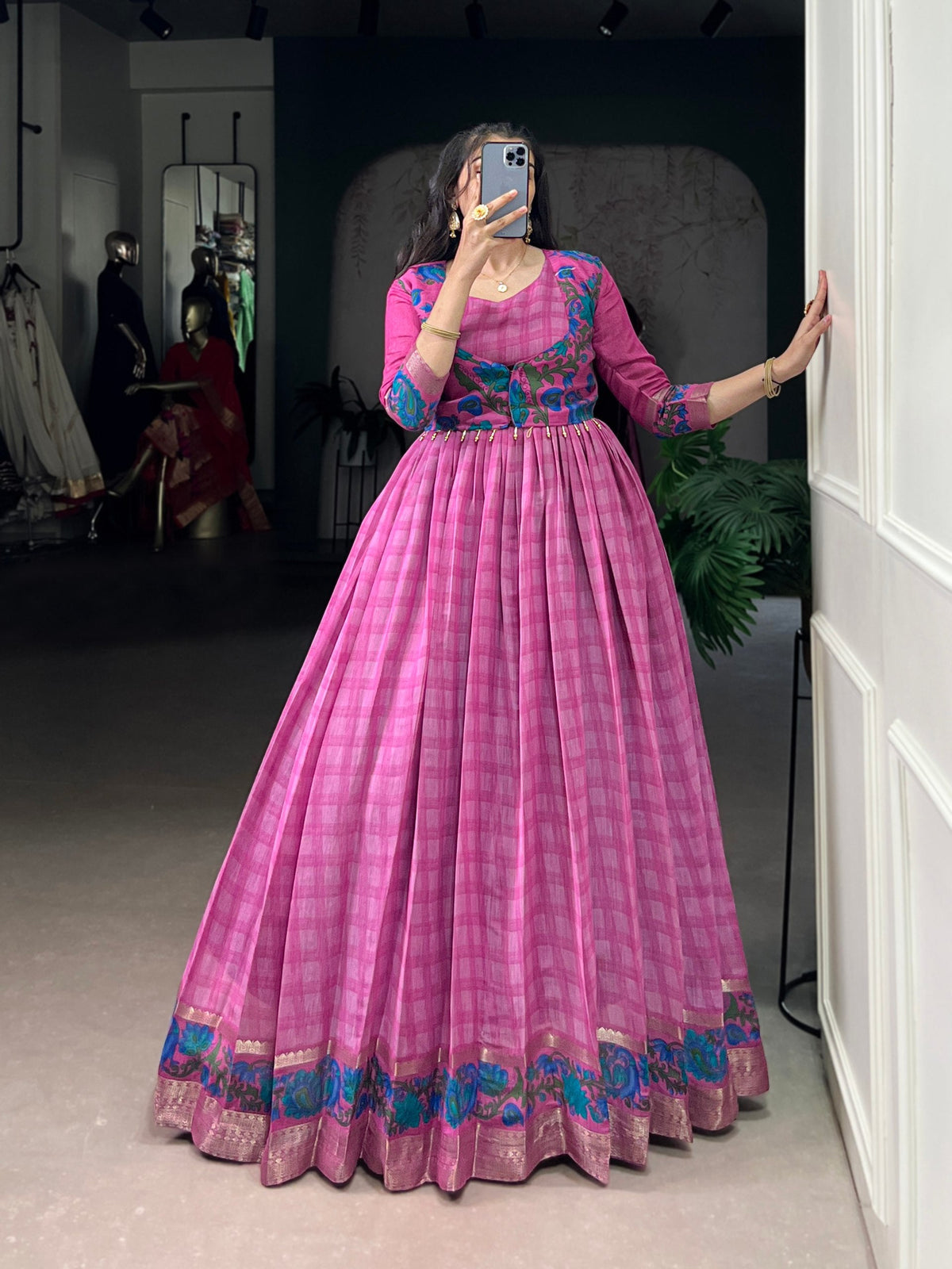 Pink Elegant Printed Polyester Viscose Chanderi Gown with Zari Weaving and Lace-Touched Koti – Stitched Set ClothsVilla Main image