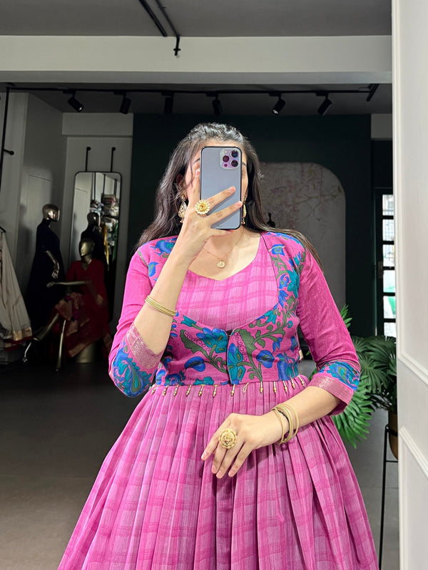 Pink Elegant Printed Polyester Viscose Chanderi Gown with Zari Weaving and Lace-Touched Koti – Stitched Set ClothsVilla