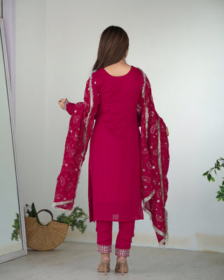 Pink Elegant Pure Blooming Vichitra Silk Kurta with Dupatta Set & Trousers – Ready to Wear
