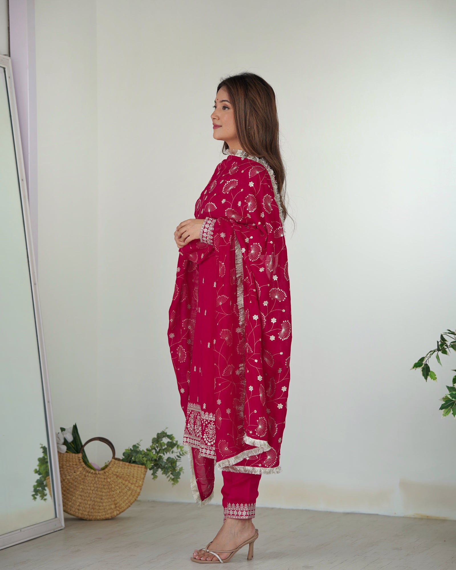Pink Elegant Pure Blooming Vichitra Silk Kurta with Dupatta Set & Trousers – Ready to Wear