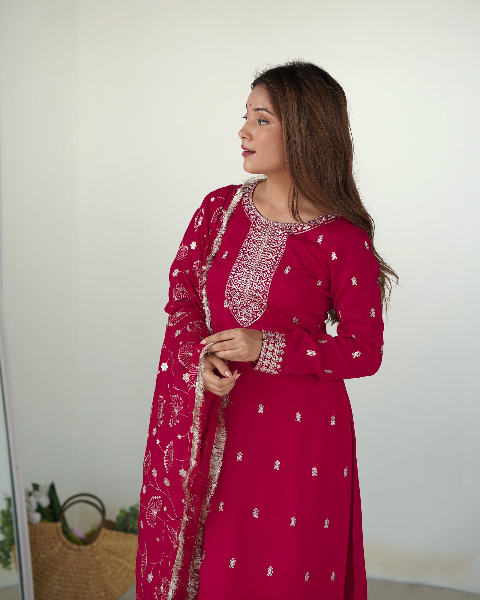 Pink Elegant Pure Blooming Vichitra Silk Kurta with Dupatta Set & Trousers – Ready to Wear