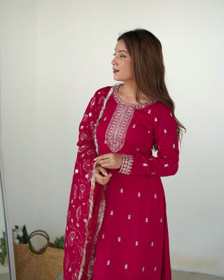 Pink Elegant Pure Blooming Vichitra Silk Kurta with Dupatta Set & Trousers – Ready to Wear