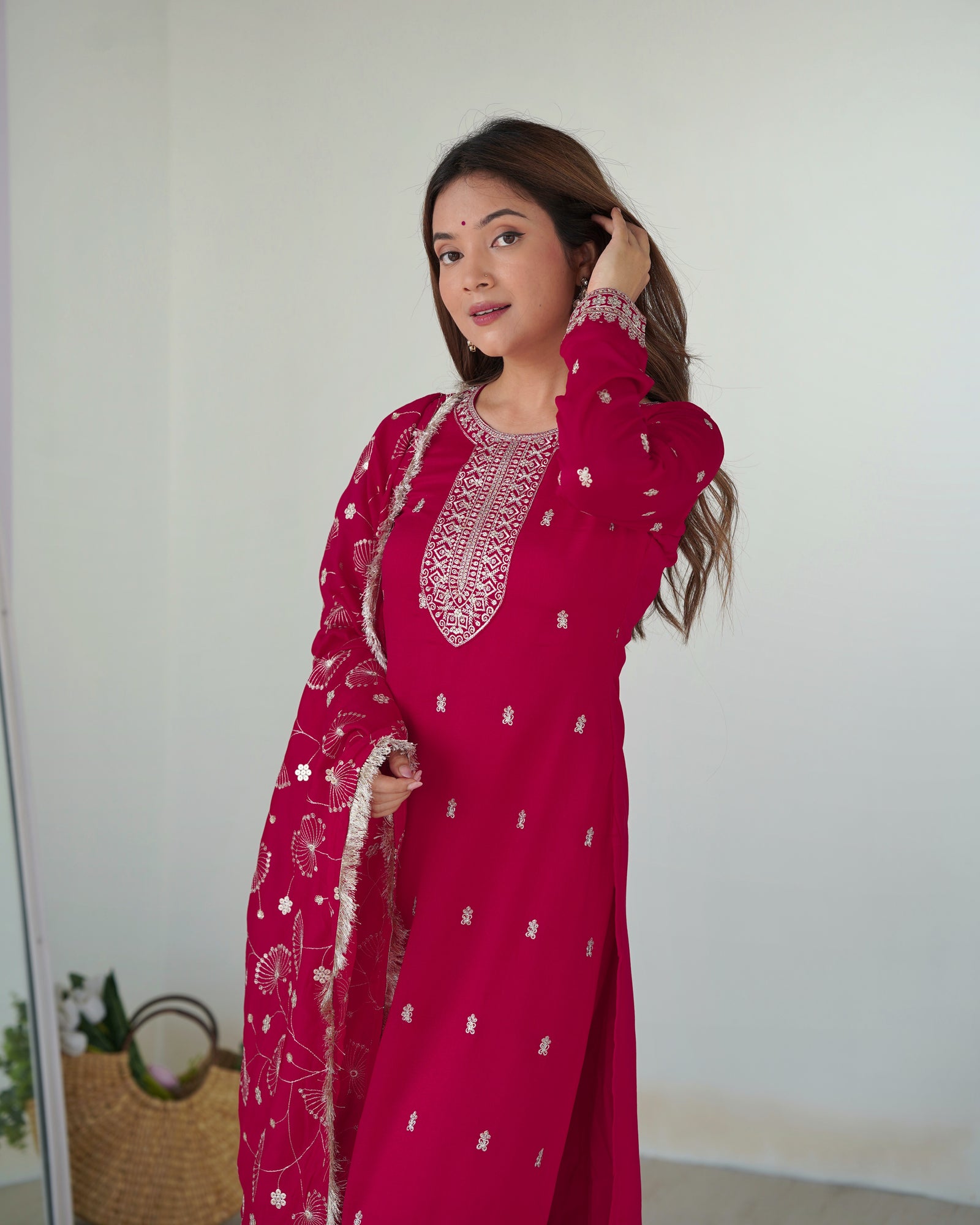 Pink Elegant Pure Blooming Vichitra Silk Kurta with Dupatta Set & Trousers – Ready to Wear