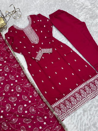 Pink Elegant Pure Blooming Vichitra Silk Kurta with Dupatta Set & Trousers – Ready to Wear