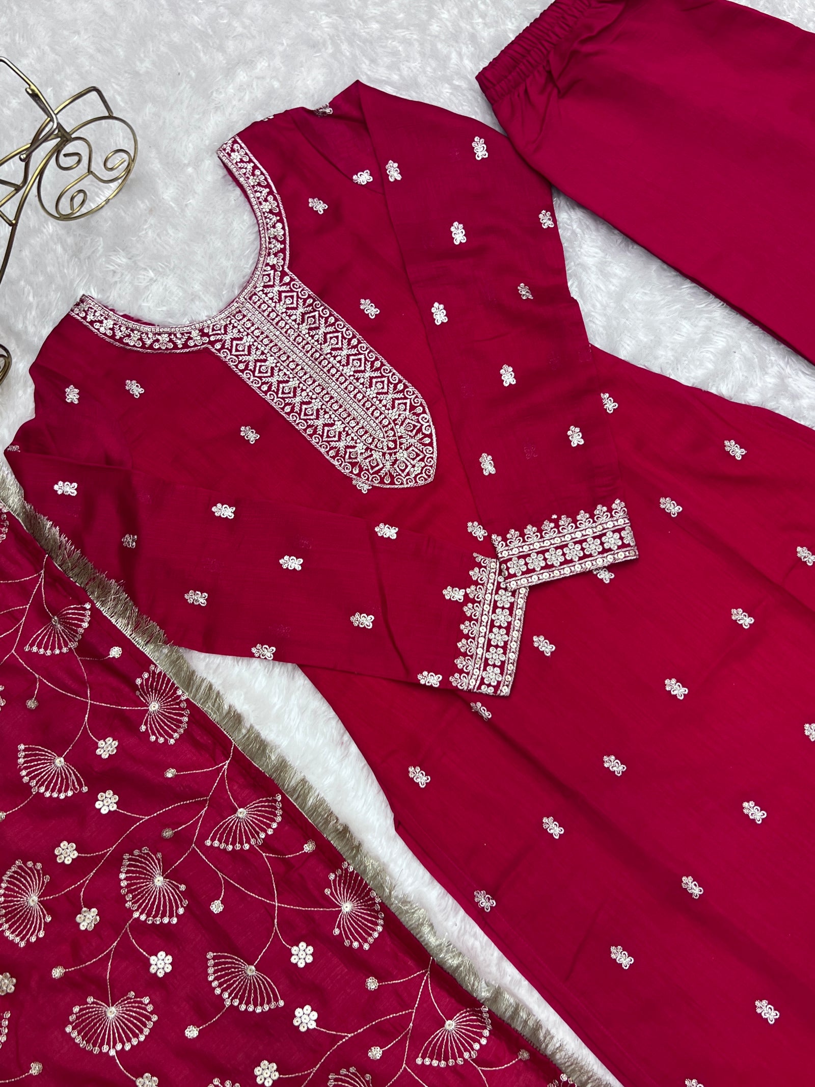Pink Elegant Pure Blooming Vichitra Silk Kurta with Dupatta Set & Trousers – Ready to Wear