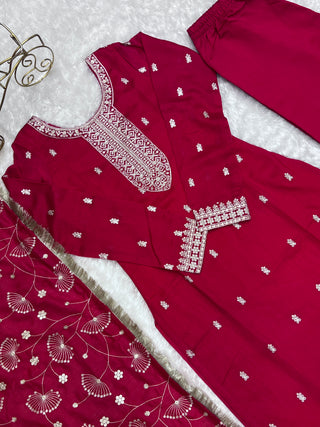 Pink Elegant Pure Blooming Vichitra Silk Kurta with Dupatta Set & Trousers – Ready to Wear
