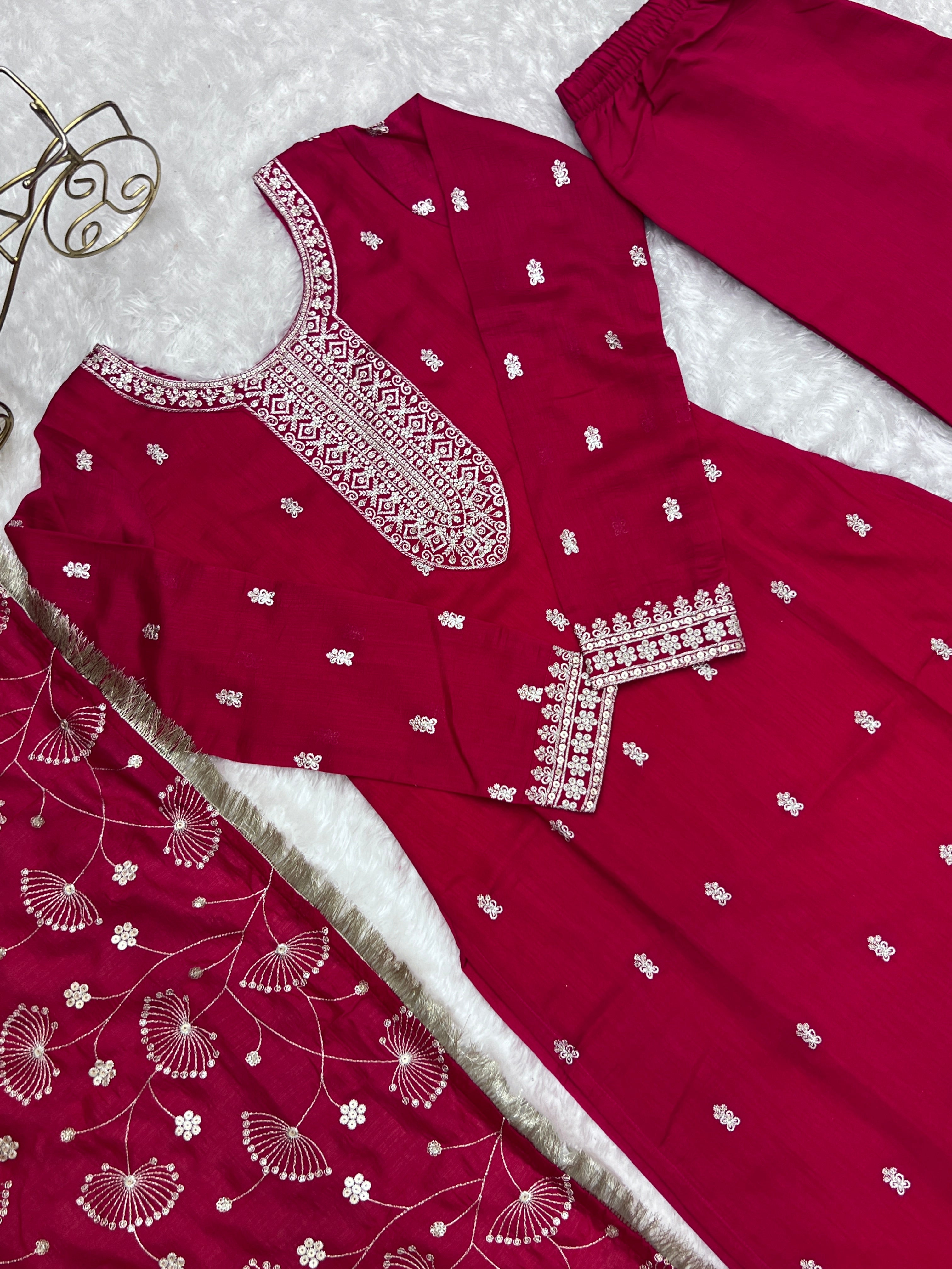 Pink Elegant Pure Blooming Vichitra Silk Kurta with Dupatta Set & Trousers – Ready to Wear