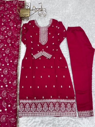 Pink Elegant Pure Blooming Vichitra Silk Kurta with Dupatta Set & Trousers – Ready to Wear