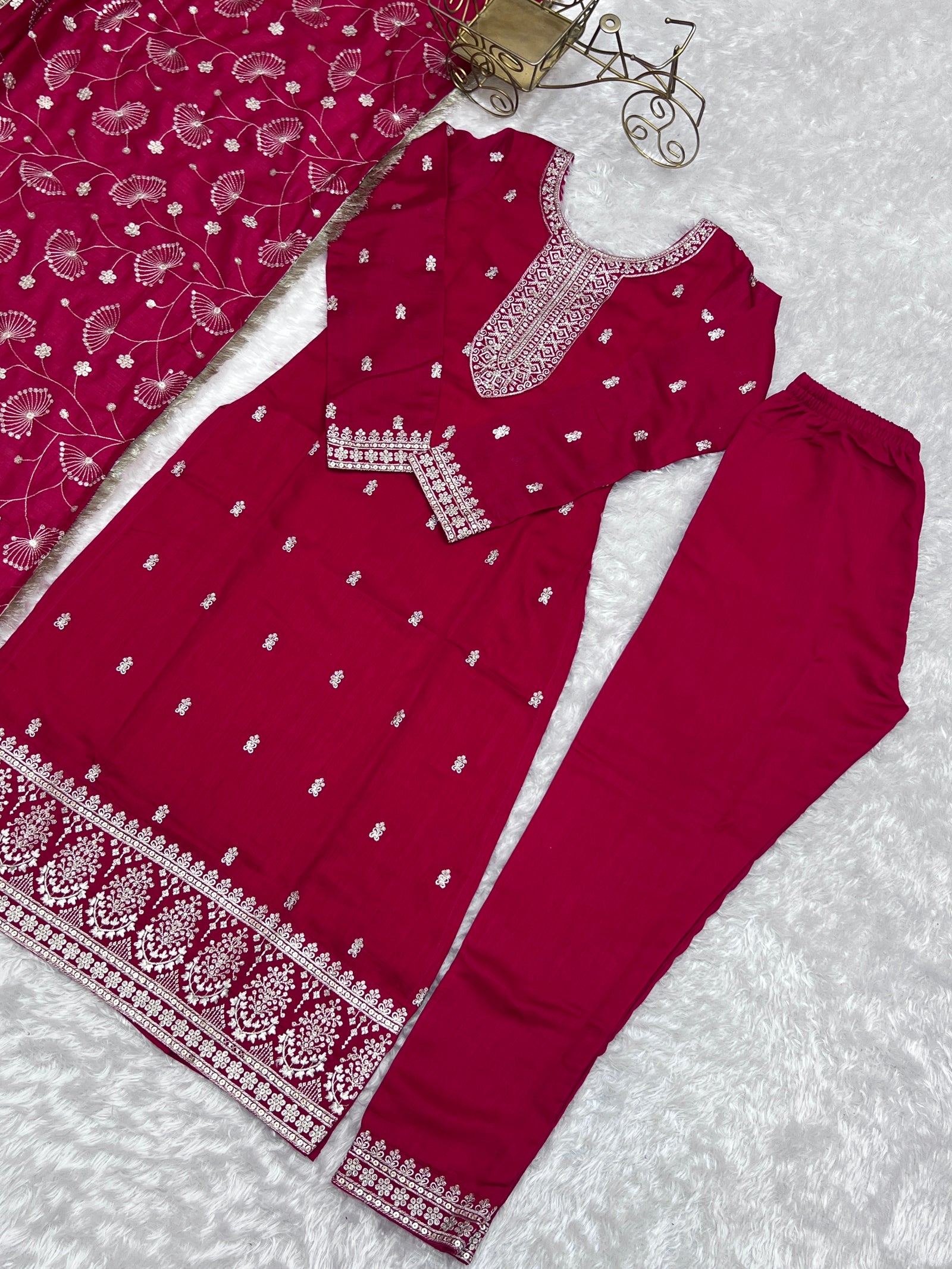 Pink Elegant Pure Blooming Vichitra Silk Kurta with Dupatta Set & Trousers – Ready to Wear