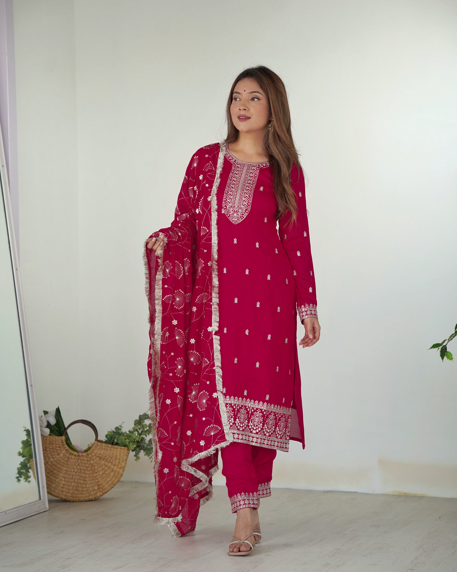 Pink Elegant Pure Blooming Vichitra Silk Kurta with Dupatta Set & Trousers – Ready to Wear